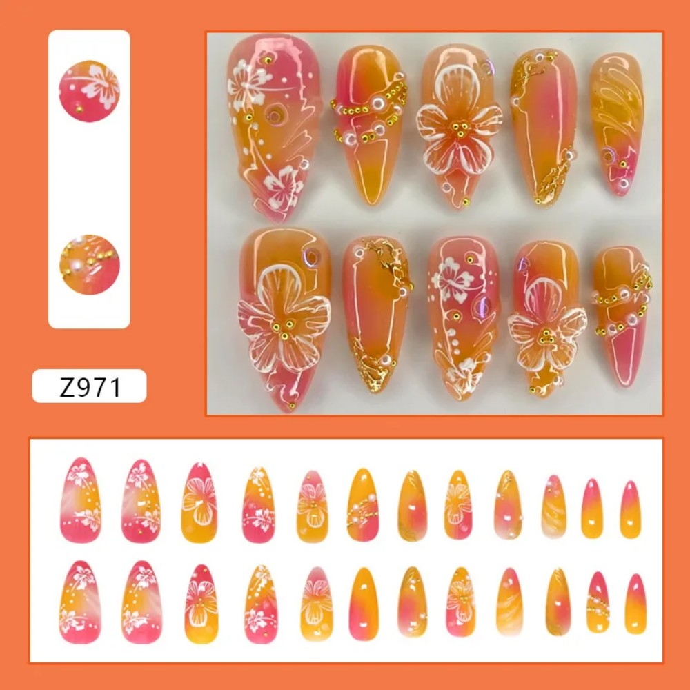 Pressed Flower Art - 24Pcs Pink Gradient Almond Fake Nails